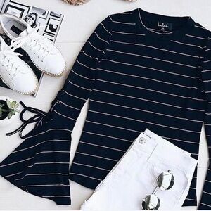 Lulus size M Navy blue “Found my mate” striped long sleeve top with bell sleeves